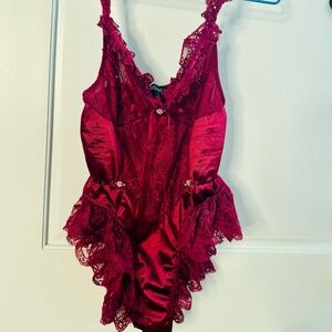 Red Magenta Lace Trim Satin Bodysuit - Small